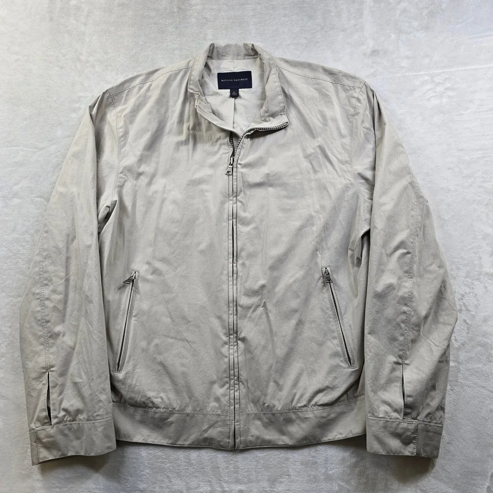 Banana Republic Bomber Jacket Mens XL Beige White Cotton Coated‎ Bi-Swing Zip
